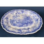 A mid 19th century blue and white transfer ware shallow comport showing cattle, sheep and goat in