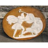 An oval plaster classical plaque/tablet, with raised relief warrior detail and painted finish, 102cm