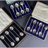 Four cased sets of six tea or coffee spoons, and a cased set of six dessert knives and forks with