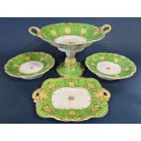 A collection of mid 19th century dessert ware in a green and gilt colourway, large stemmed