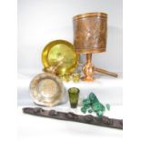 A bell metal pestle and mortar, another smaller example, a selection of small malachite, moser glass