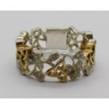 Celtic style ring with diamond set shamrock detail, in bi-colour metal, size L, 3.1g