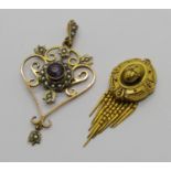 Edwardian 9ct pendant set with amethyst and seed pearls, 3.2g and a small Victorian yellow metal