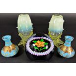 Six blue Bohemian cut glass liqueur glasses, a green Venetian glass perfume bottle with gold