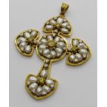 Statement yellow metal cross pendant set with baroque pearls and white and fancy coloured