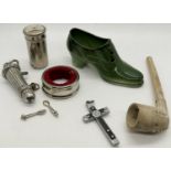 A silver plated whistle, 19th century clay pipe, coinage, etc