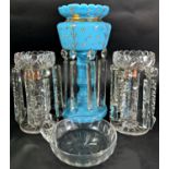 A pair of Victorian lustres with a baluster support under a bowl top with prism drops, 18cm high,