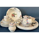 Part Victorian child's tea service with sponged decoration, a dessert set by Poultneys with floral