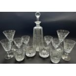 A cut glass Gin decanter with Greek key pattern, five heavy cut glass tumblers, together with a