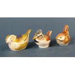 Three Crown Derby birds - wren, (silver stopper), crested tit and fire crest (gold stoppers)