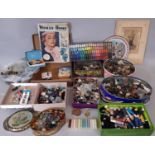 Boxful of haberdashery including vintage tins filled with assorted buttons, a Bimini style glass