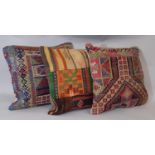 3 colourful cushions made from old kelim with zipped new fabric back. 50x50cm approx (3)