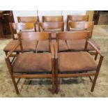 A set of 8 (6&2) teakwood dining chairs with upholstered seats and bar backs