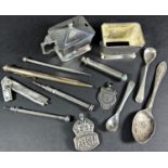 A mixed selection of silver items including a mustard pot, salt pot, spoons, ARP badge, a medallion,