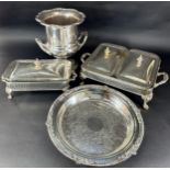 A set of three American silver plate dish holders, with glass oven proof dishes, each with covers, a