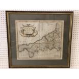 Robert Morden - Map of Cornwall (c.18th Century), hand-coloured engraving, 38 x 45 cm, framed and