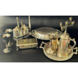 A selection of silver plated table ware including a large tray with six glass divisions, a tureen