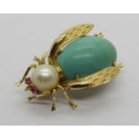 14ct multi gem insect brooch set with a turquoise coloured stone, a pearl and rubies, 10.3g