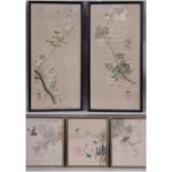 Seven Chinese Works to Include: Set of three 19th/20th century silk paintings of birds, insects