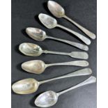 Seven assorted 19th century silver teaspoons, (AF) 2.6oz approx