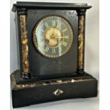 Mid-Victorian period black slate and marble two train mantle clock