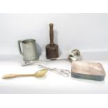 A large silver plated ladle, a pair of wick scissors, a stone mason's wooden mallet, a pewter