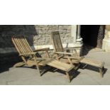 A pair of Chichester collection weathered teak folding steamer type garden armchairs with slatted