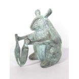 A small bronze rat holding a carving knife and fork in a verdigris finish, 7.5cm high