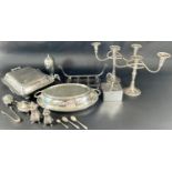 A good selection of better quality silver plated tableware, including a pair of Regency style candle