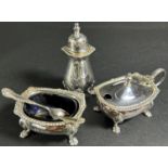A Georgian style silver condiment set in a presentation box, salt, pepper, mustard, complete with