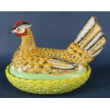 Three 19th century Staffordshire hen on nest tureens in varying colourways and sizes
