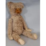 Tall vintage teddy bear with large firmly stuffed body, long limbs, restoration to snout with