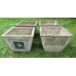 Four similar weathered cast composition stone garden planters of square tapered form with relief