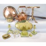 A mixed selection of 19th century brass and copperware including a large copper kettle, bead warmer,