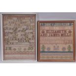 Two Needlepoint Tapestry Samplers by Marianne H. Mills, aged 9 years, 1935; and Jane Mills, 1880,