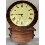 An early 19th century mahogany drop dial wall clock with convex dial, single train fusee movement