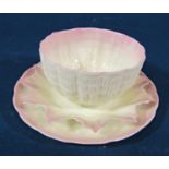 A collection of Belleek ware including a nautilus shell with coral handle, five cups and saucers,