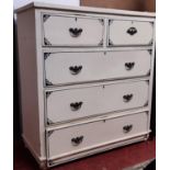 A painted pine chest of three long and two short graduated drawers with cast brass handles, 98cm