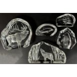 Three Mats Jonasson Swedish lead crystal intaglio engraved animals, an Otter, Penguin, and Baby