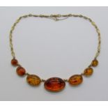 9ct cabochon amber necklace, maker 'RC', Sheffield 1998, 25.2g