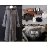 Mixed lot; Grey suede ladies coat labelled Kestila Turku Finland, size 14, with hood and hook and