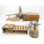 A miscellaneous collection of wooden items including a burr walnut writing slope carcass, a wooden