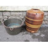 A vintage salt glazed stoneware barrel, 44cm high, together with a 19th century heavy brass or