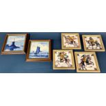 Four Dutch tiles showing 17th century equestrian figures together with two further Delft tiles