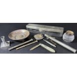 A mixed selection of silver and silver plated items including a silver covered glass box, a vesta