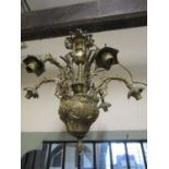 A heavy cast gilt metal hanging ceiling light with six swan neck acanthus branches, and further
