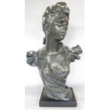 An Art Nouveau style painted plaster bust of a young girl, after George Coudray, on a wood plinth