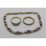 18ct three stone diamond ring, 1.8g, together with a 9ct amethyst and diamond bracelet, 3.8g and a