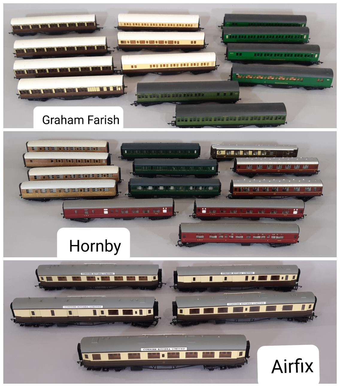 31 unboxed 00 gauge passenger coaches including Hornby Southern Green, LMS Maroon and LNER Teak etc,