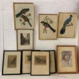 Nine Framed Prints to Include: European etching of street scene, indistinctly signed and titled